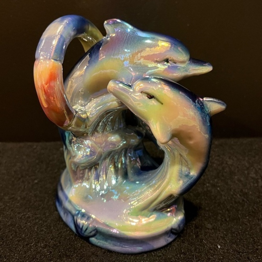 Vintage Dolphins Swimming Through Hoop Iridescent Rainbow Lusterware Figurine
